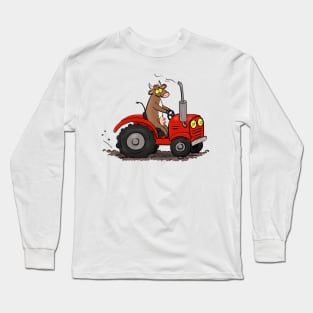 Funny cow driving a red tractor farming cartoon Long Sleeve T-Shirt